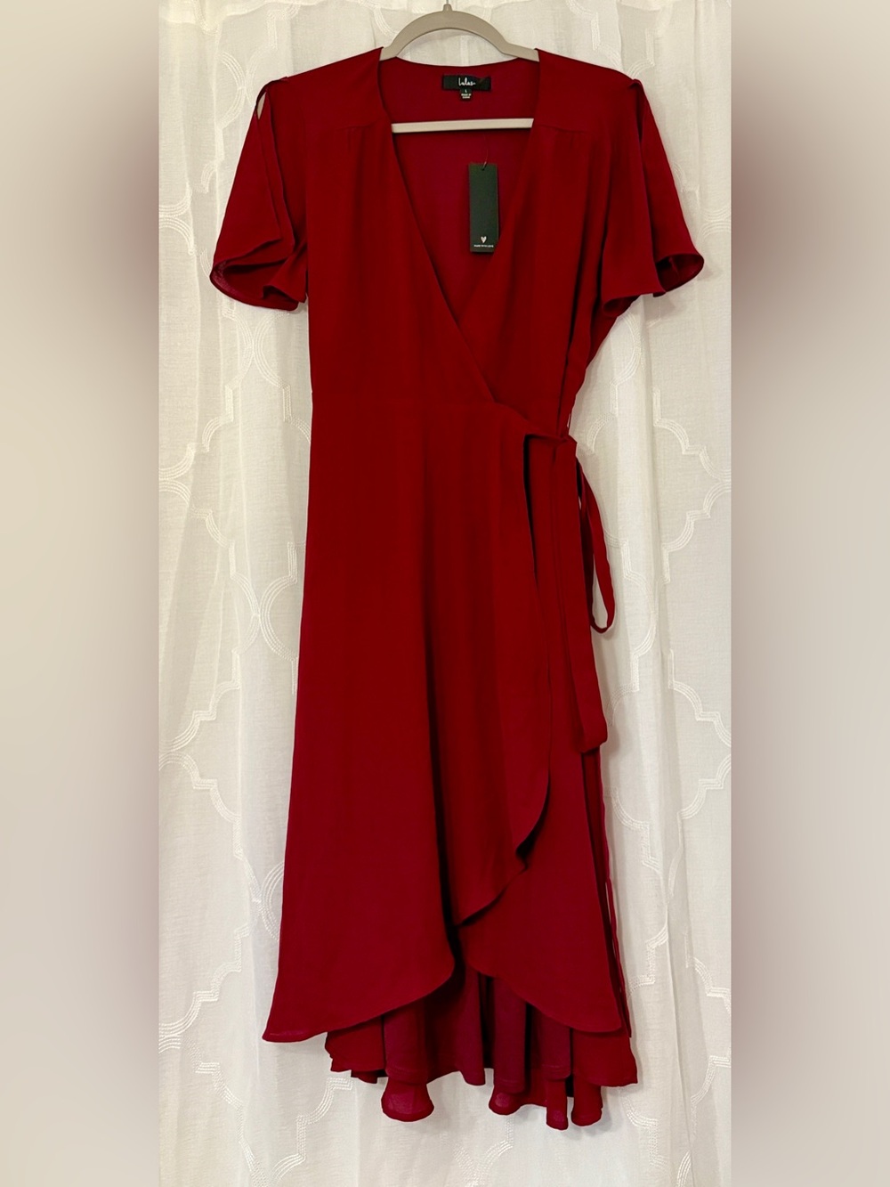Lulus NWT Large Red Wrap Ruffle High Low Midi Dress